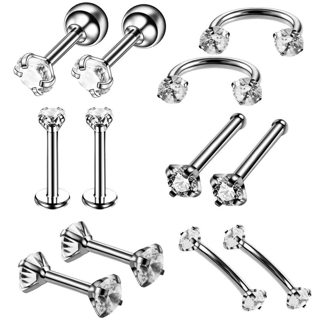12-Piece Stainless Steel Zircon Lip Studs & Nose Rings Set - Colorful Piercing Jewelry