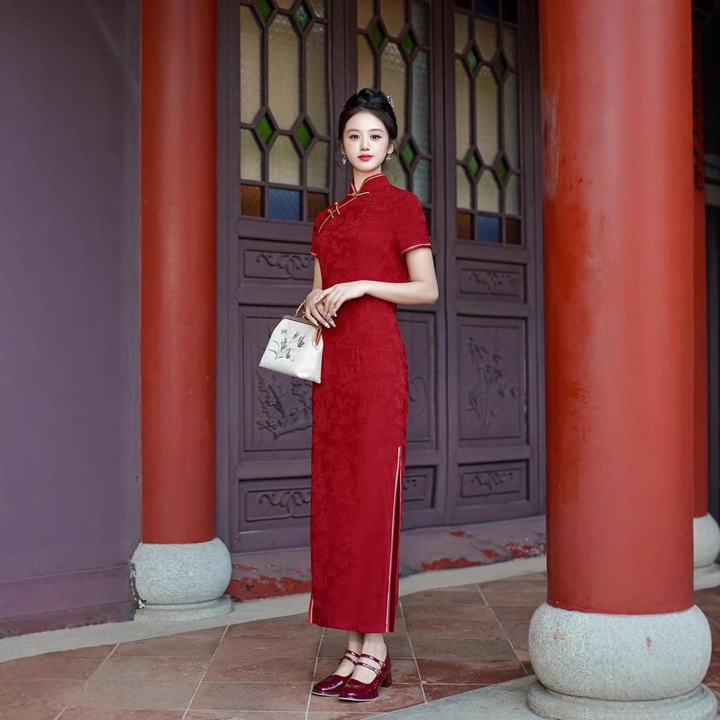 2025 Spring/Summer Red Cheongsam Long Dress - Chinese Style, Short Sleeve Performance Costume