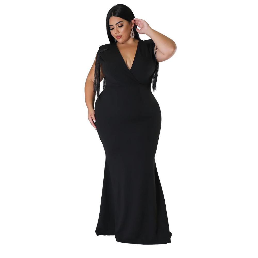 Plus Size Fringe V Neck Maxi Dress Long Sleeve Mermaid Gown Curvy Bodycon Fishtail Long Dress Sexy Tassel Shoulder Evening Party Formal Wedding Gown