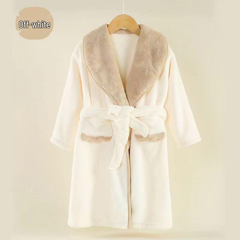 

Coral Fleece Pajamas: Warm, Quick-Drying, Long-Sleeved Bathrobe for Kids in Autumn & Winter Off-White