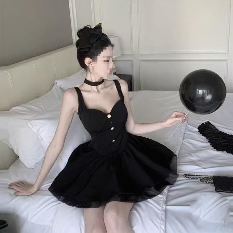 French Sexy Black Suspender Dress Women's Summer Temperament Slim Birthday Dress Princess Tutu Dress Small Man