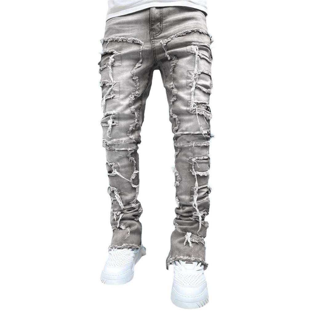 ZYLLO Casual Distressed Men's Jeans Tassels Patchwork Design Vintage Washed Stretch Denim Pants Straight Fashion Streetwear Trousers