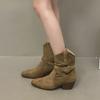 Vintage Suede V-mouth Western Cowboy Boots Women's High Heel Pointed Middle Boots Belt Buckle Stacking Boots