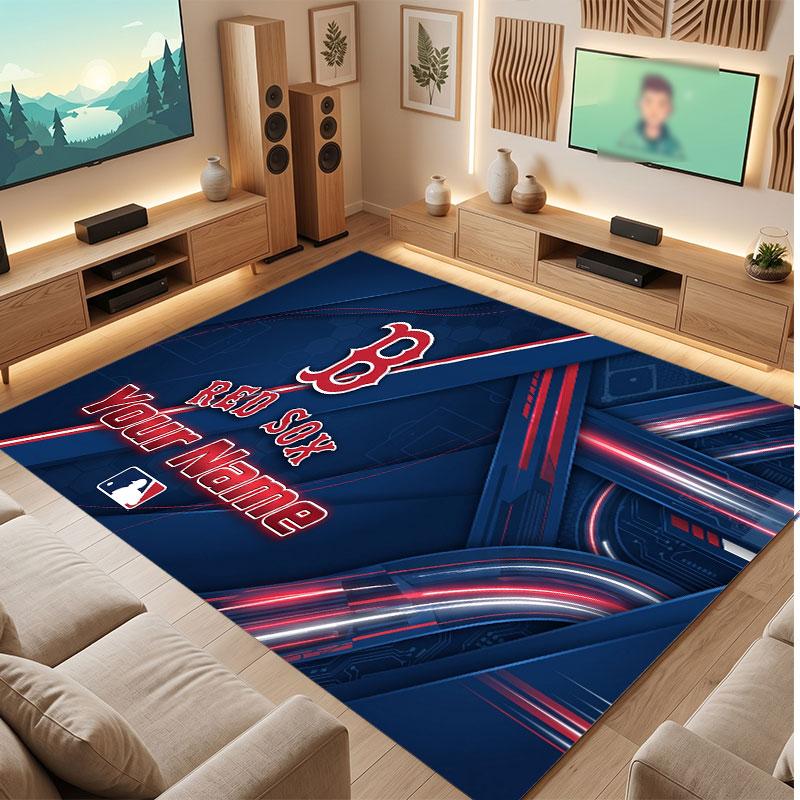 Boston Red Sox Personalized Crystal Velvet Carpet, Customized Name Text Soft Anti‑Slip Rug for Living Room Bedroom