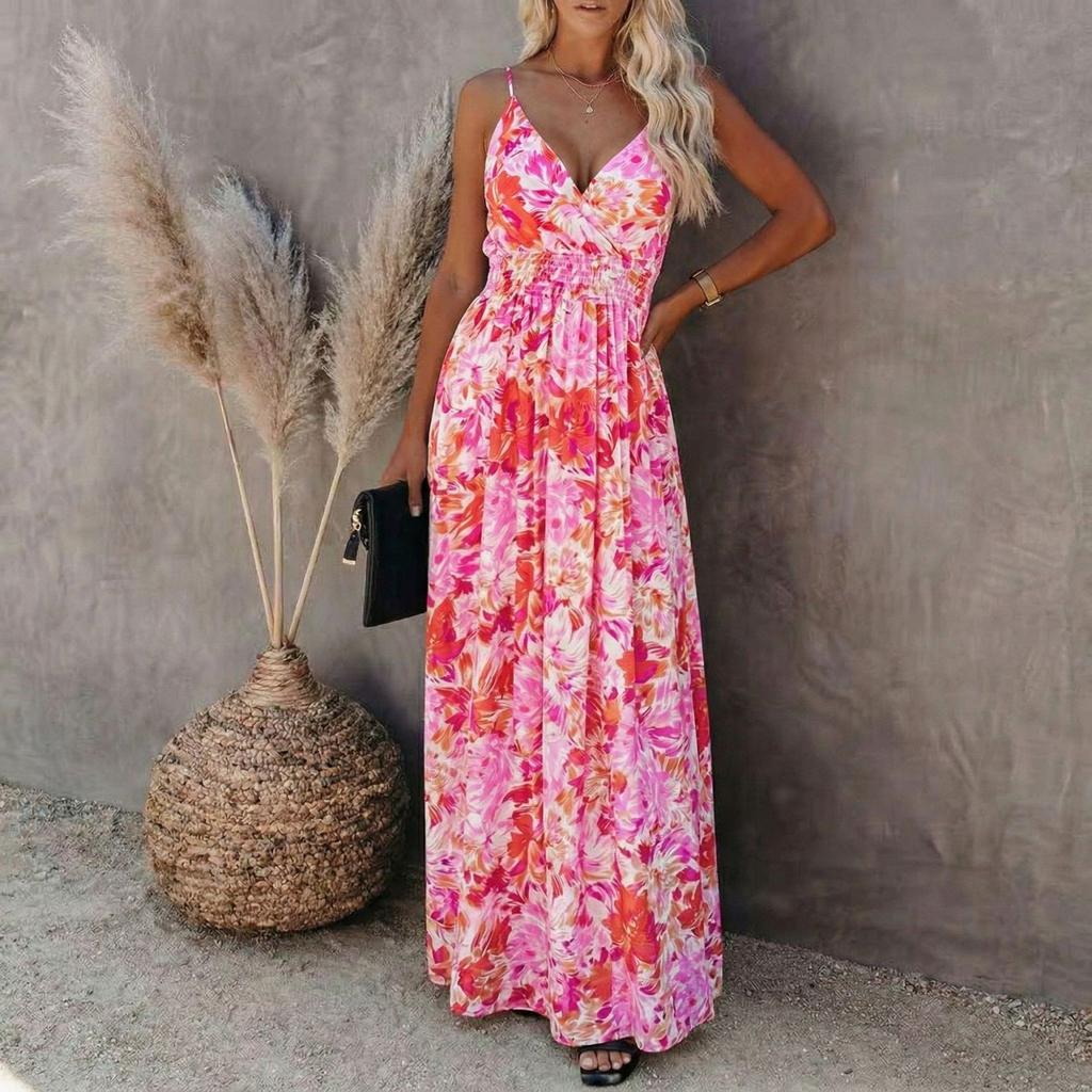 Women’s Floral Print Maxi Dress Sleeveless V Neck Adjustable Spaghetti Strap Long Summer Dress Casual Loose Fit Beachwear