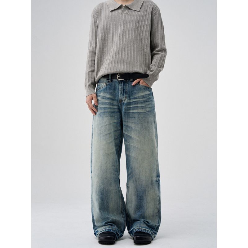 Kisko American High Street Washed Whiskered Cleanfit Straight-Leg Jeans Unisex Trendy Brand Cool Vibe Pants