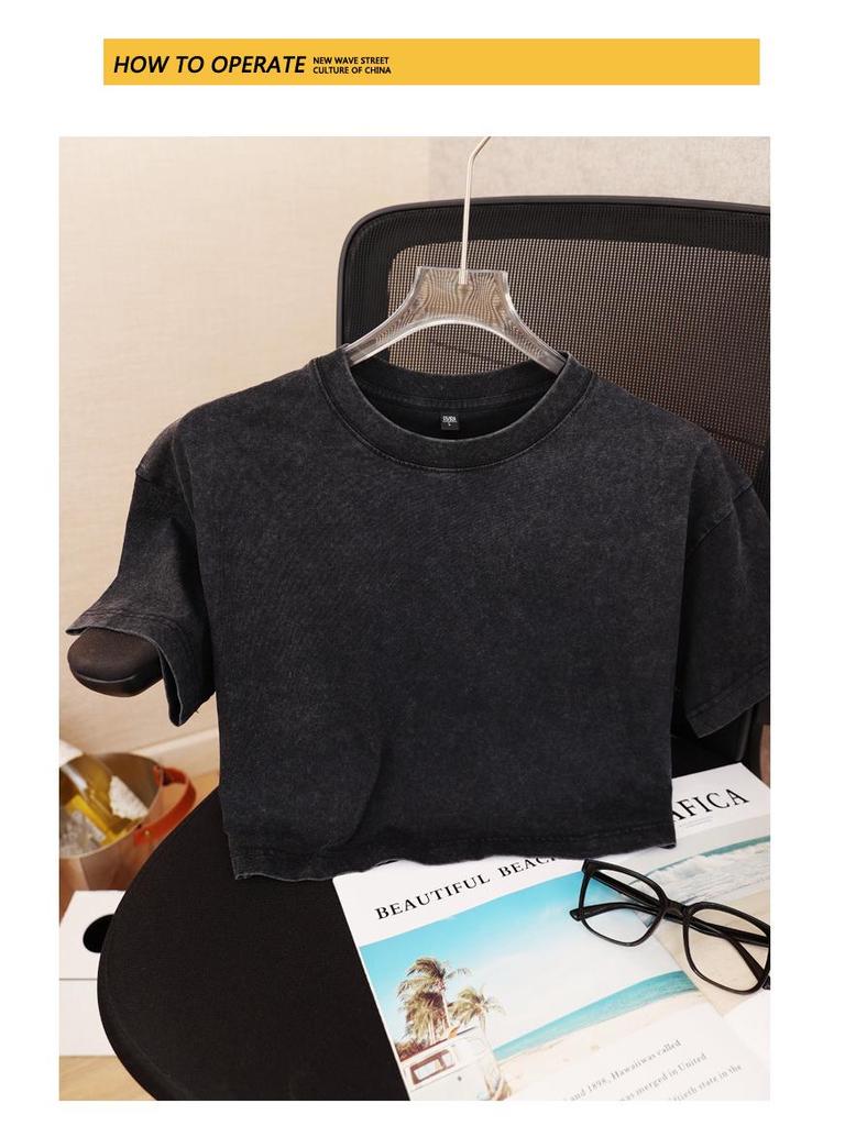 Women's Washed Vintage Cropped T-shirt: Heavyweight 230g Pure Cotton, Retro Loose Fit, Short Sleeve Waist-Length Top