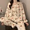 Women Flannel Pajama Set Winter Thick Warm Square Neck Long Sleeve Princess Style Bow Butterfly Casual Loungewear Home Sleepwear