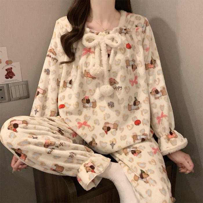 Women Flannel Pajama Set Winter Thick Warm Square Neck Long Sleeve Princess Style Bow Butterfly Casual Loungewear Home Sleepwear
