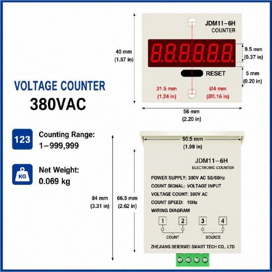 JDM11-6H 6 Digit Digital Counter LED Display Electronic Totalizer Industrial Panel Mount Counter Power Failure Memory 12-380V 1