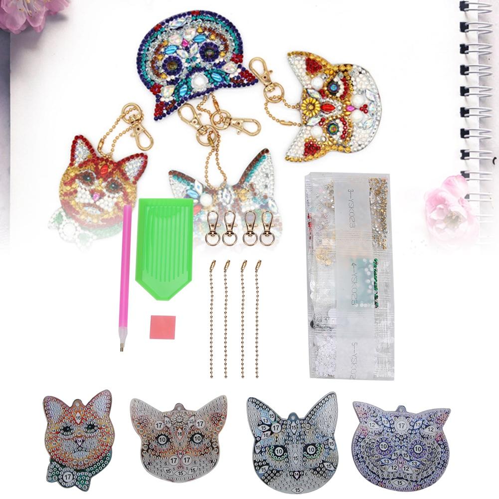 Handmade Cute DIY Full Rhinestones Painting Keychain Key Ring Decoration Pendant Ornament(Cat Head )