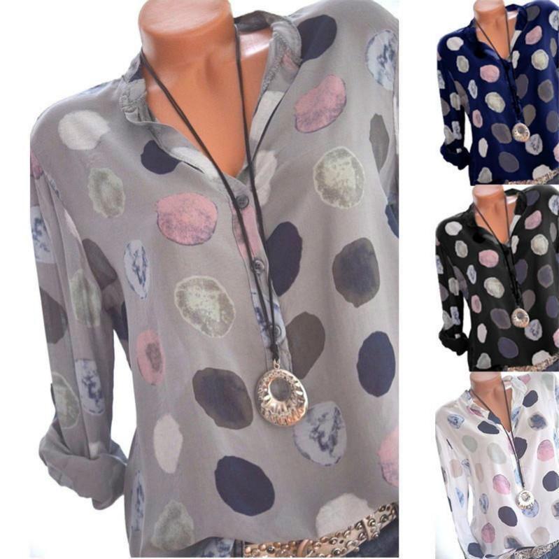 Elegant Women Fashion Polka Dots Print Chiffon Blouse With Long Shirt Sleeves