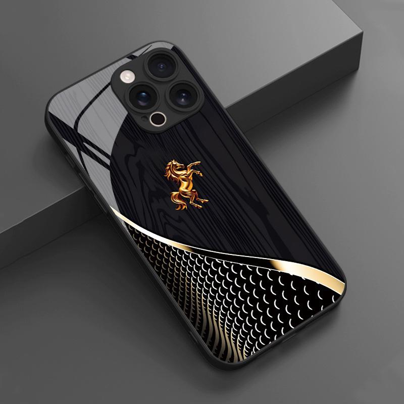 Golden Jumping Horse Dark Pattern Tempered Glass Phone Case For iPhone 11 12 13 14 15 16 17 Pro Max 17Air 7 8 Plus XR XS X Cover