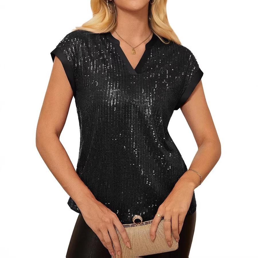 Women's Summer New Fashion Shiny Sequins V-Neck Short Sleeve Party Top Blouse for Women