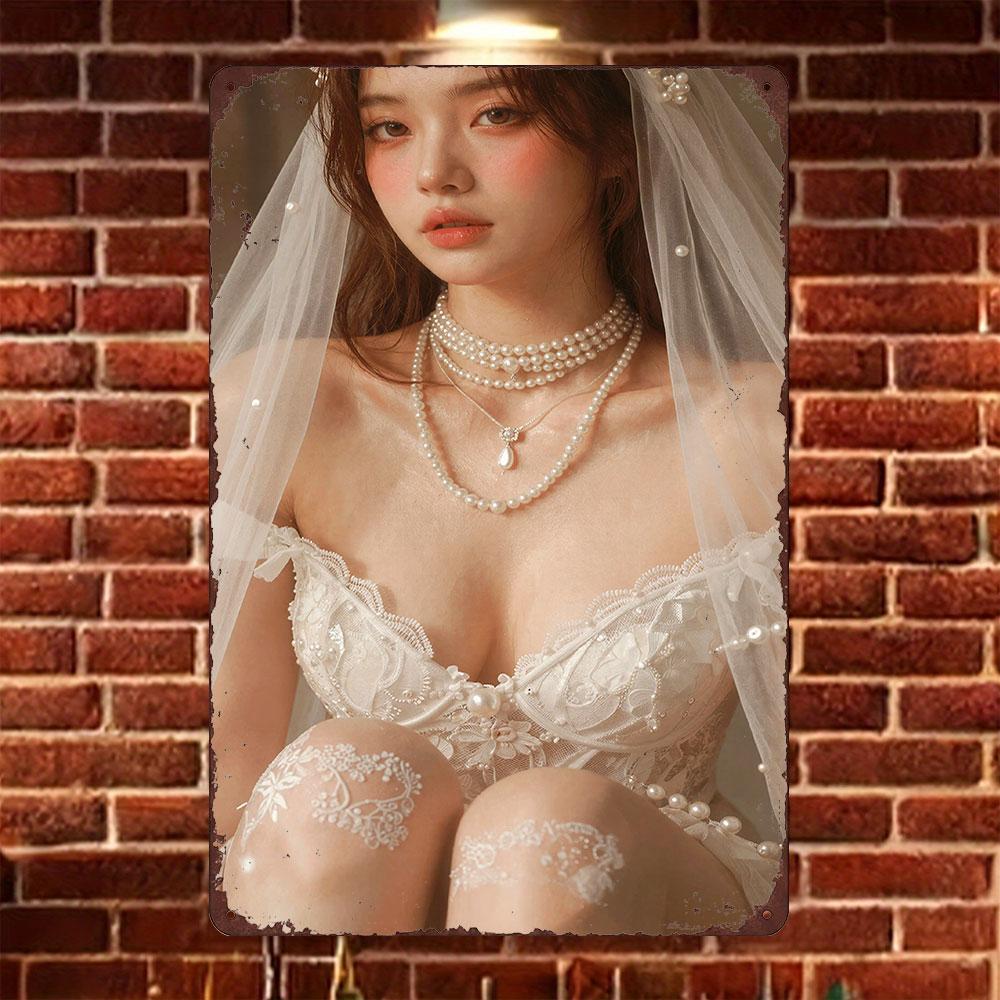 

HD Tin Sign Vintage Asian Girl in White Lace Bridal Lingerie with Pearl Veil Necklaces Metal Wall Art Retro Decor for Home Bar 20x30cm（7.8x11.8inch）