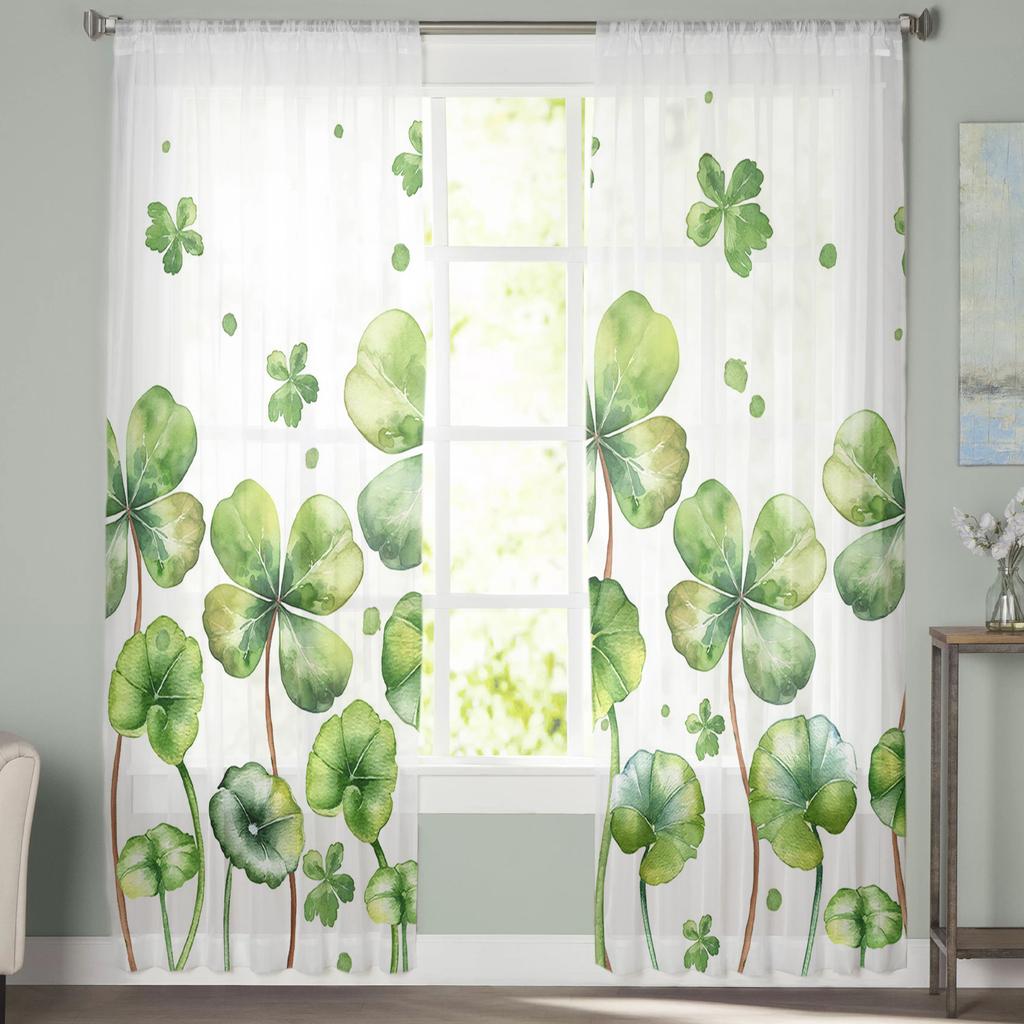 Sommerpflanzen Vierblättriges Gras Grün Aquarell Schlafzimmer Vorhänge Tüll Transparenter Vorhang Wohnzimmer Heimdeko Voile Drapierungen