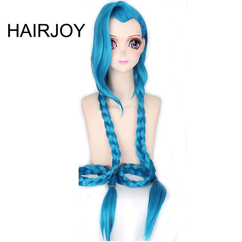 HAIRJOY Cosplay Lol Jinx 100cm Long Blue with Double Braids Halloween Anime Costume Wig Heat Resistant Synthetic Hair