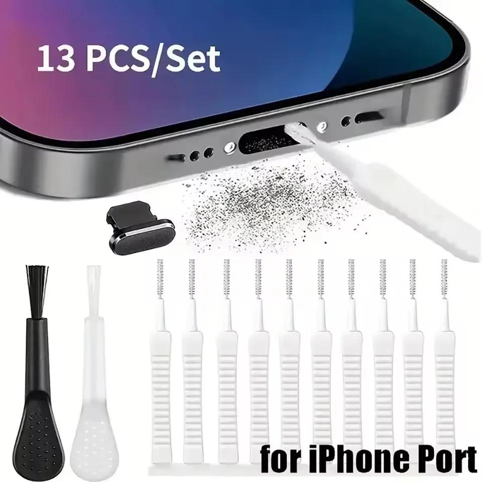 13/10PCS Cell Phone Charging Port Dust Plug with Cleaning Brush for iPhone 14 Pro Max Samsung Xiaomi iOS Type C Cleaner Set