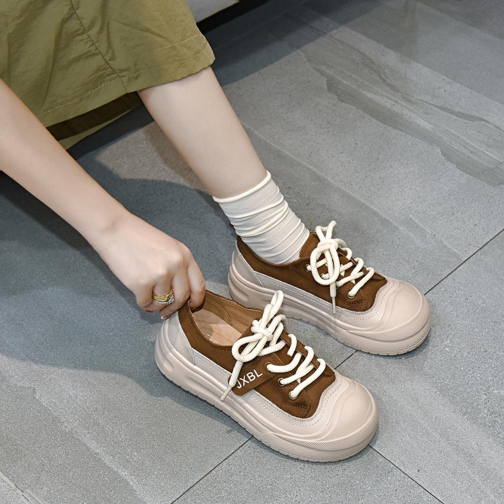 thick-soled white shoes women's autumn lace-up color matching single shoes comfortable letter board shoes