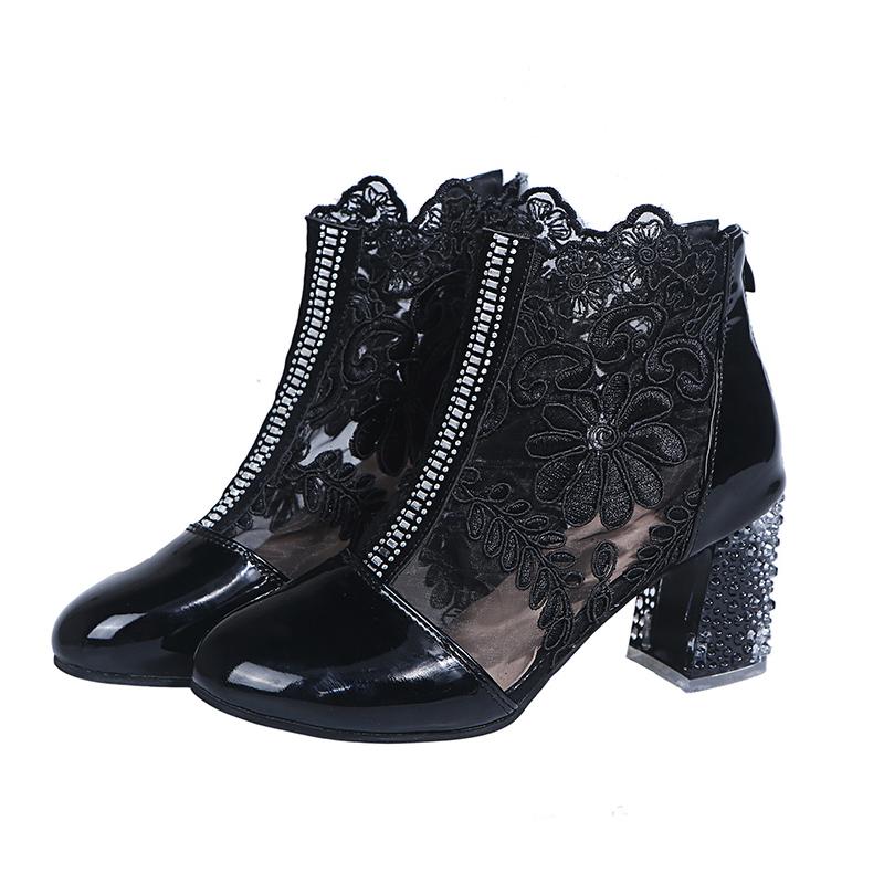fashion Rimocy Sexy Black Mesh Embroider Ankle Boots for Women Summer 2024 Crystal Square Heels Boots Woman white Lace Short Botas mujer