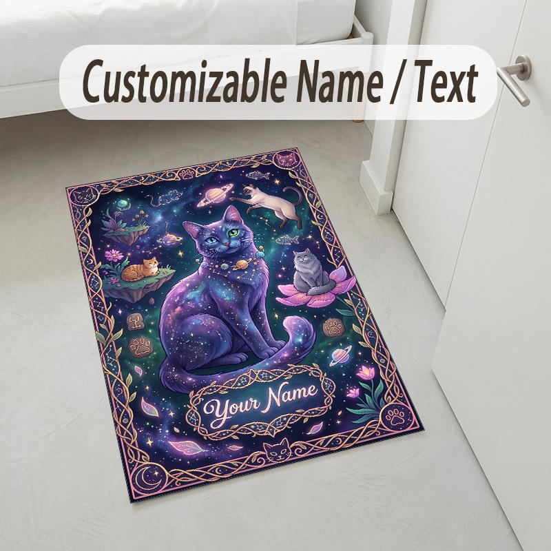 Cat Theme Crystal Velvet Rug Personalized Custom Name Text Soft Floor Mat Home Decor