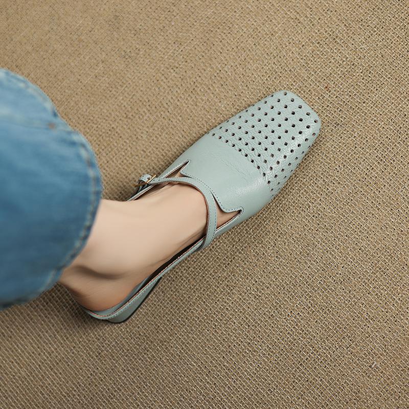 Mode 2025 Sommer Damen Schuhe Echtes Leder Eckige Zehenpartie Damen Sandalen Ausgehöhlt Atmungsaktive Sandalen für Damen Klobiger Absatz Pantoletten Schuhe