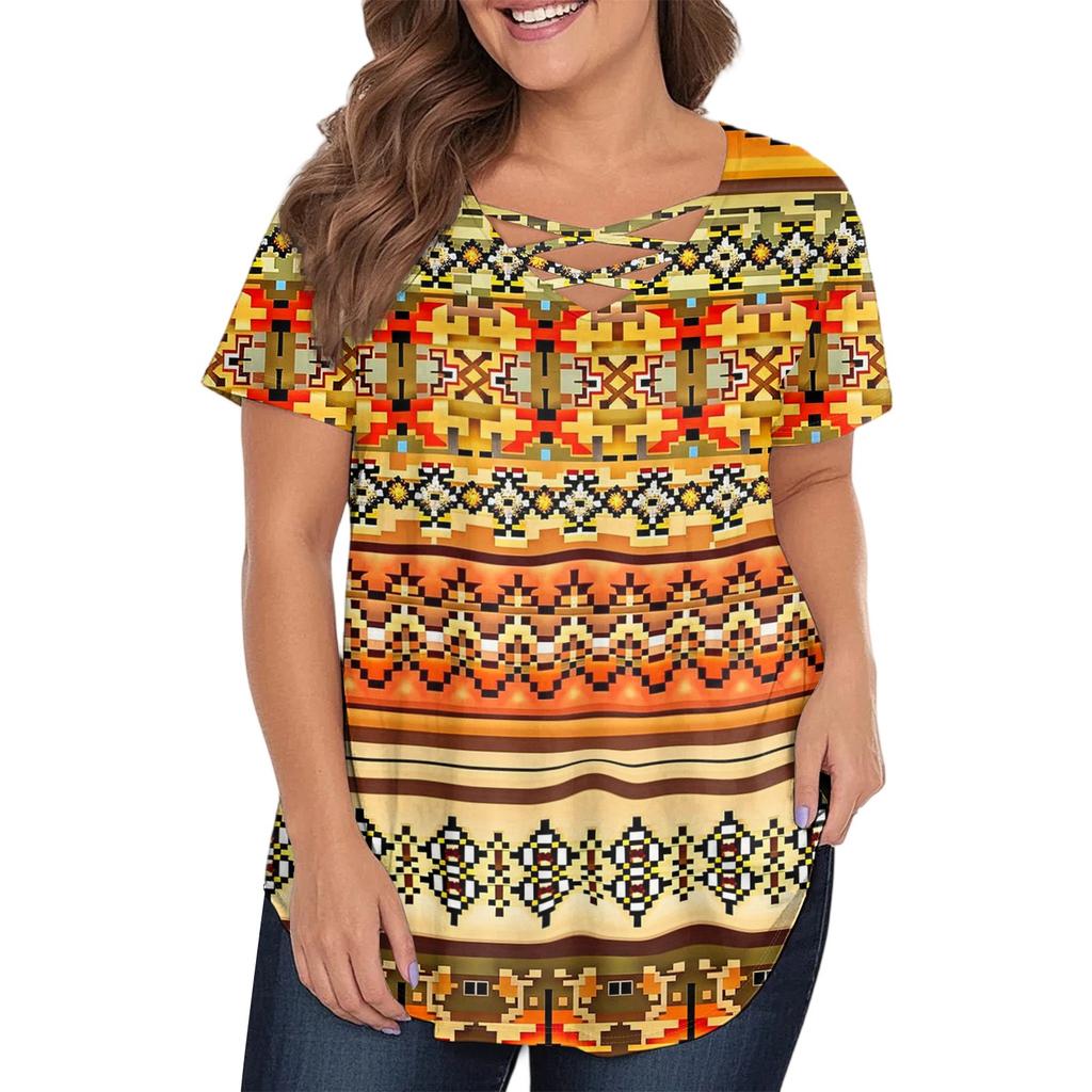 Women's Fashion Casual Printed V-Neck Short Sleeve Large Size T-Shirt Top