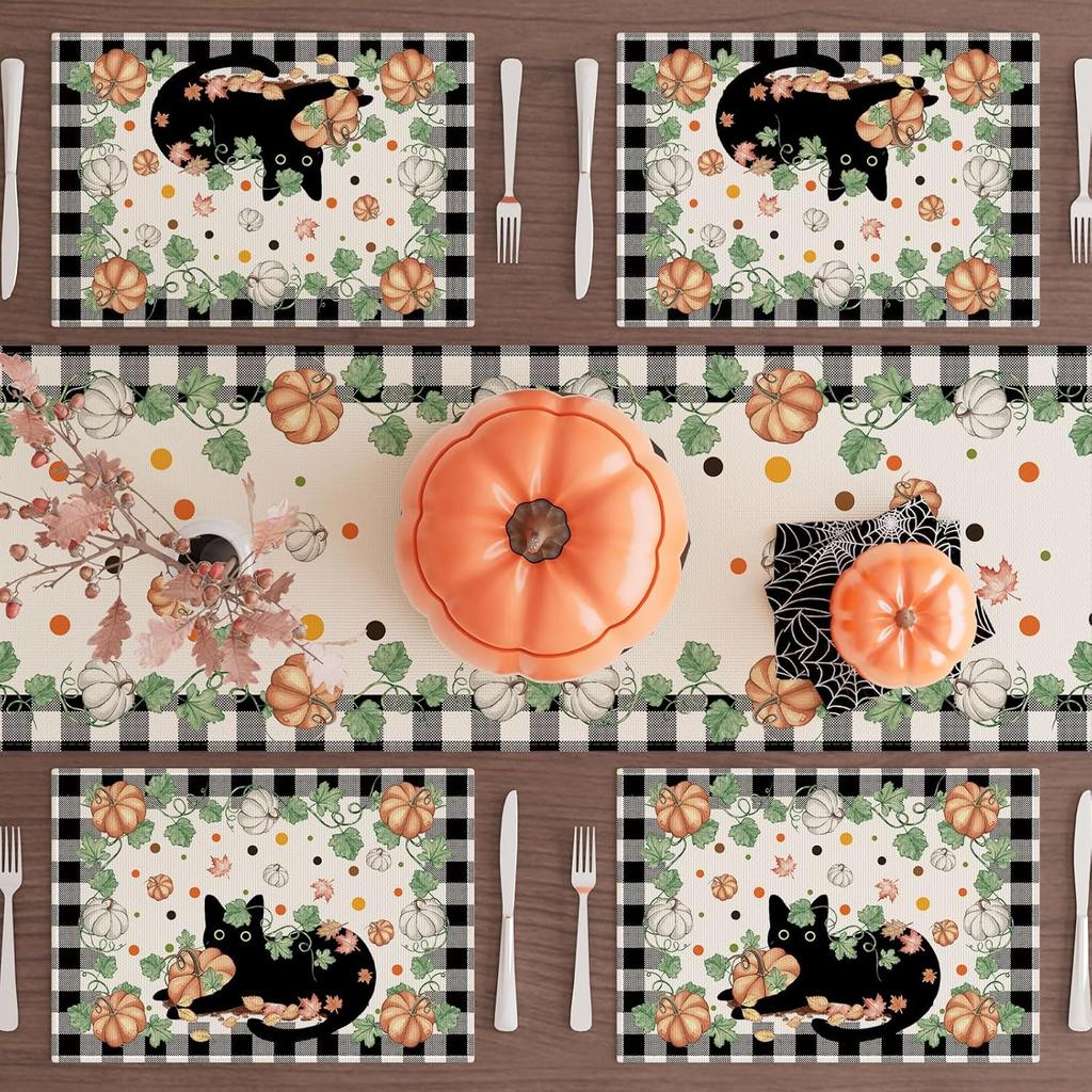 XCHI Fall Black Cat Pumpkin Plaid Placemats Set of 4 Table Mats for Party Home Kitchen Dining Table Decorations 12x18 Inch