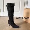 Sexy Pointed Toe High Heel Black Long Boots Women 2025 Winter Solid Suede Mid Calf Boots Metal Belt Buckle Brand Designer Shoes