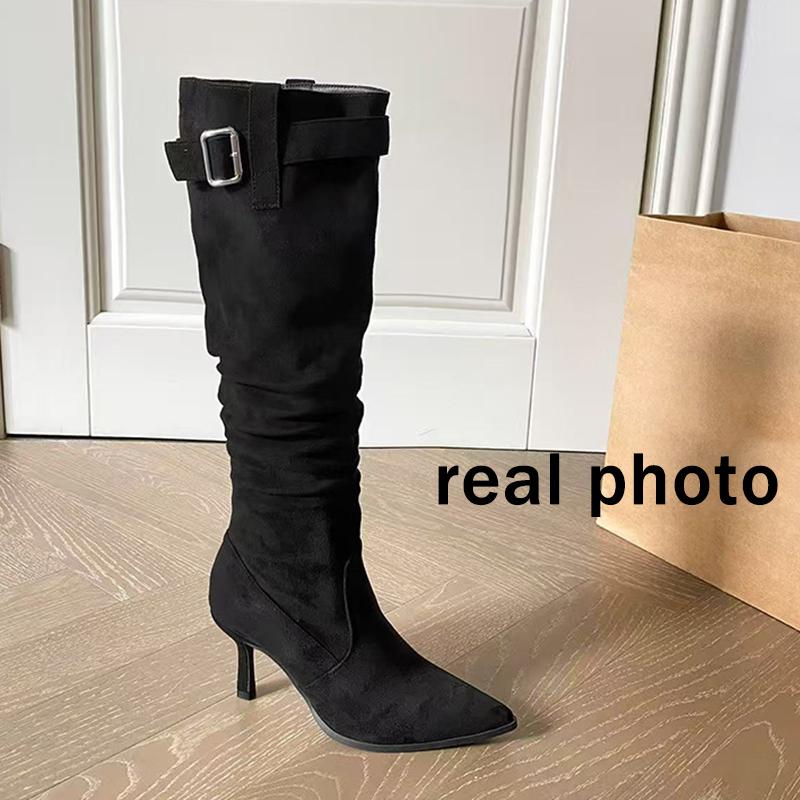 Sexy Pointed Toe High Heel Black Long Boots Women 2025 Winter Solid Suede Mid Calf Boots Metal Belt Buckle Brand Designer Shoes