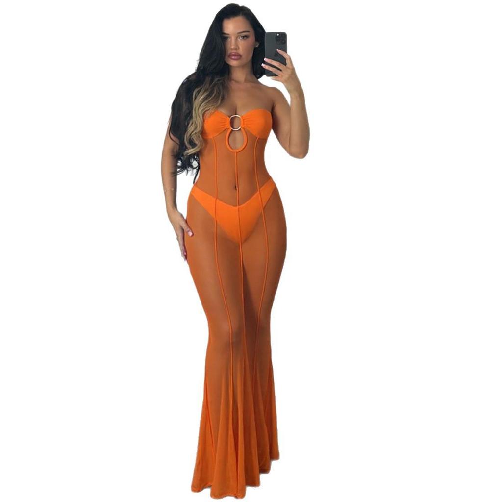 European & American Style One-Shoulder Mesh Dress - Sexy, See-Through, Slim-Fit for Autumn/Winter