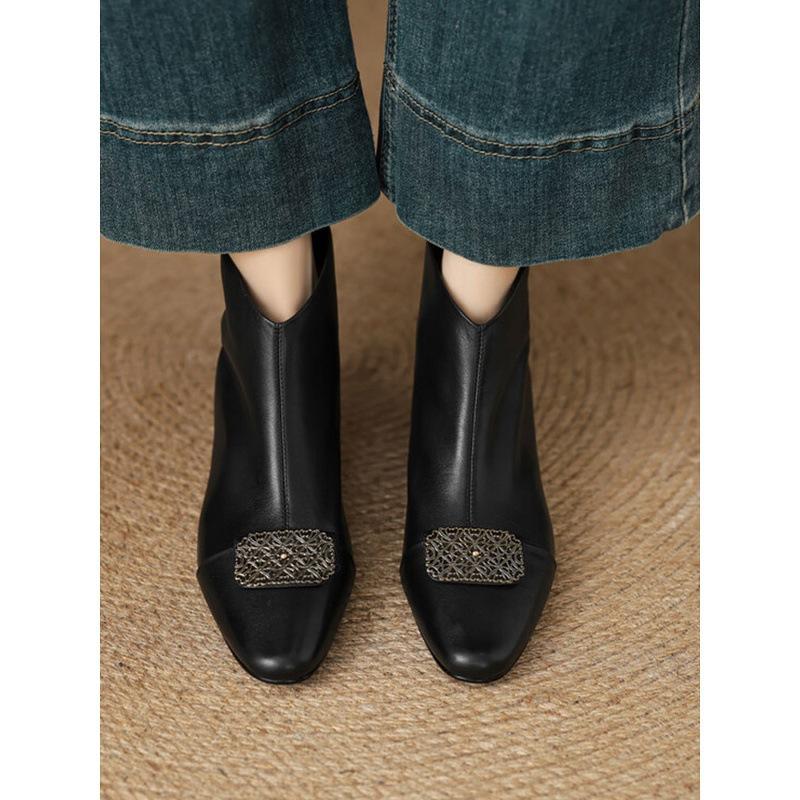 Foreign Style Small Short Boots Women's Boots Spring and Autumn Single Boots Round Head Medium Heel Thick Heel Rear Zipper Brown 