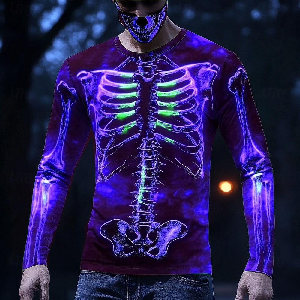 Halloween Skeleton Prints Long Sleeve T-Shirts for Men Gothic Trendy Streetwear Casual Tops Halloween Party T-shirts