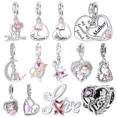 Copper Tulip Mom Pink Zircon Love You Forever Pendant Beads Fit Original Bracelets Handmade Birthday Jewellery Present