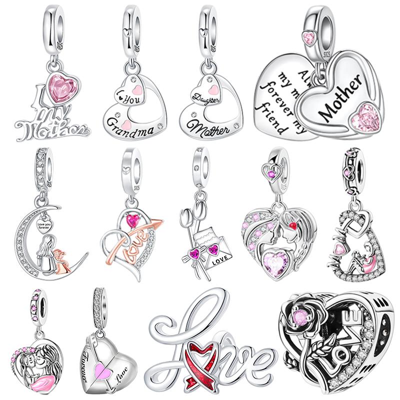 Copper Tulip Mom Pink Zircon Love You Forever Pendant Charms Fit Original Bracelets Diy Birthday Jewelry Gift