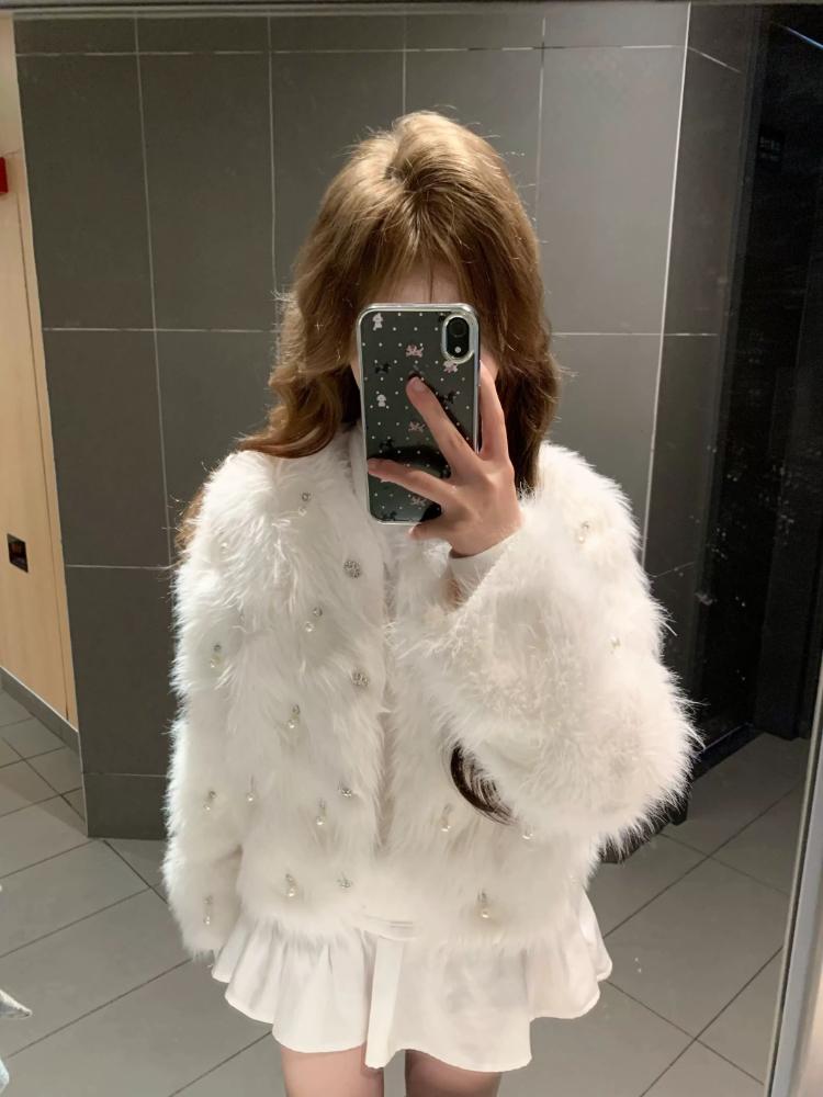 White Elegant Heavy Industry Beaded Cardigan Women Retro Soft Glutinous Knitted Sweater Jacket Autumn Winter New Mink Casual Coat