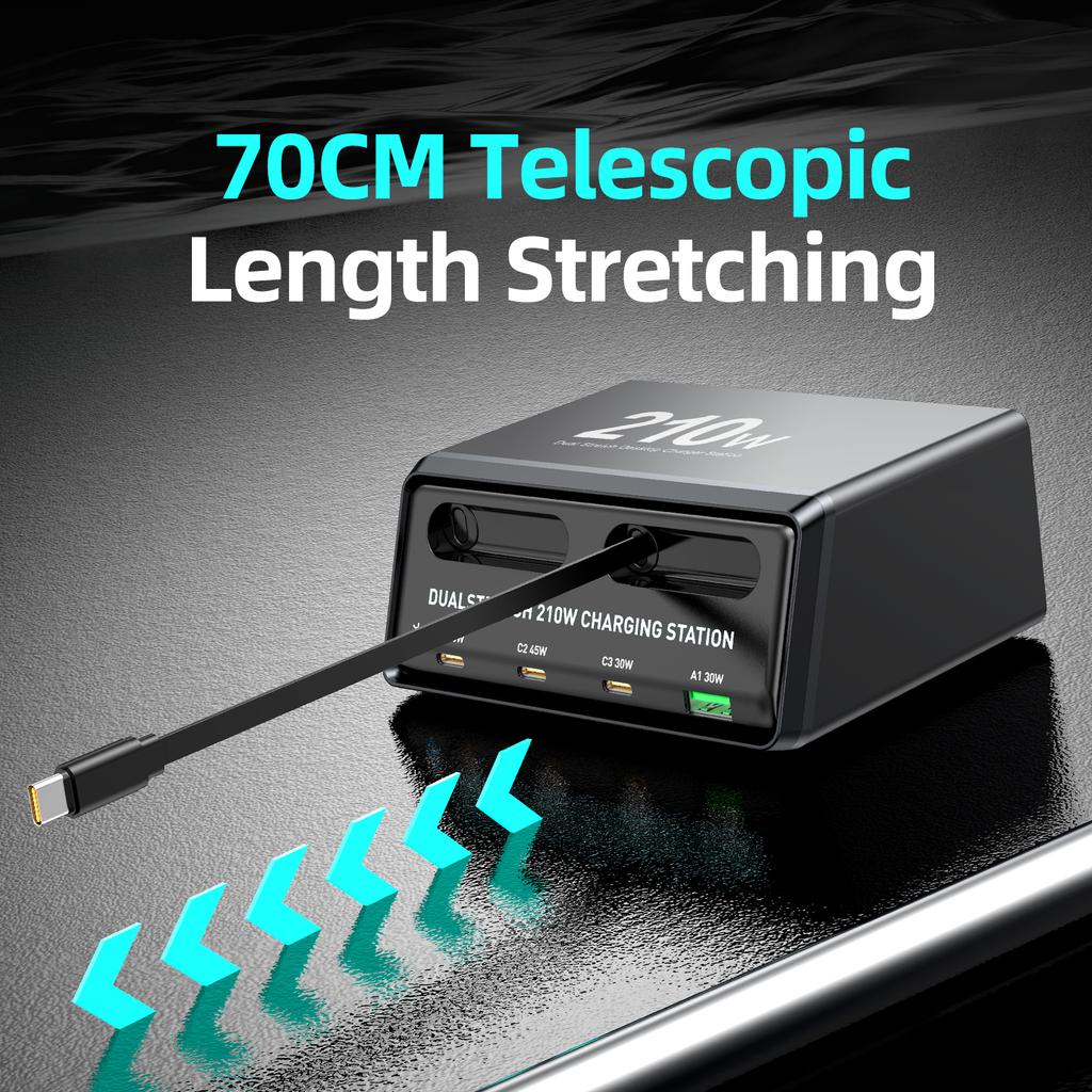 210W Retractable USB C Charger 70cm Telescopic Cable 6-in-1 Desktop Fast Charging Station for IPhone Tablet IPad