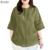 Women Casual Round Neck Solid Color 3/4 Sleeve Loose Blouse