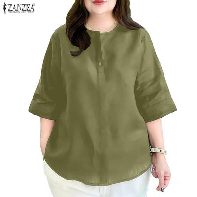 Women Casual Round Neck Solid Color 3/4 Sleeve Loose Blouse