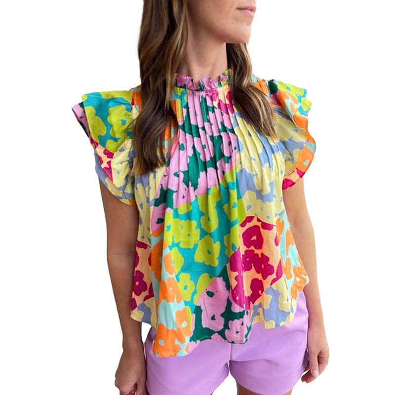 

American Shiying Floral Print Pullover Chiffon Shirt Women 2025 Summer New Pleat Stand Collar Short sleeve T-shirt Color XL code fits (70.00 kg-75.00 kg