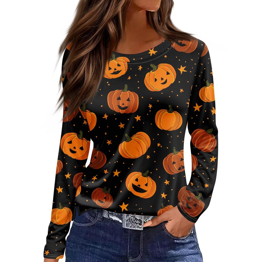 Women's Fashion Hem Slit Casual Halloween Printed Round Neck Long Sleeve Top
