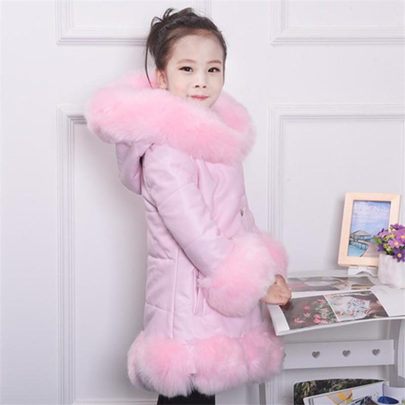 Winter Kids Girls PU Patchwork Faux Fur Collar Down Jacket Coat Children Thick Warm Hooded Parkas Outerwear