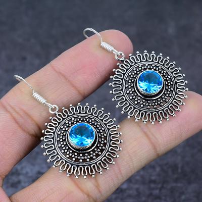 Natural Swiss Blue Topaz Gemstone Handmade 925 Sterling Silver Earring 2" o2L42