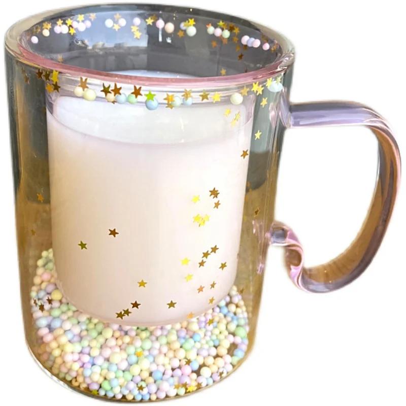 Girl Heart Quicksand Double Glass Mug Sparkling Bubble Ball Heat Resistant Anti-scald Handle Cup Couple Girlfriend Small Gift