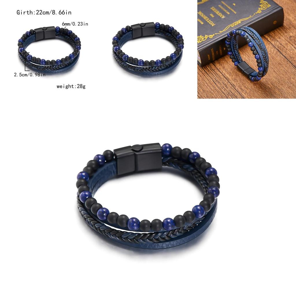 Geometric Style Mens Weaving Leather Wristband With Bead Design For Fashion And Travel