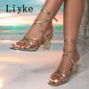 Fashion Liyke 2025 New Fashion Ankle Buckle Strap Gold Sandals Women Narrow Band Square Toe Crystal Strange High Heels Party Prom Shoes