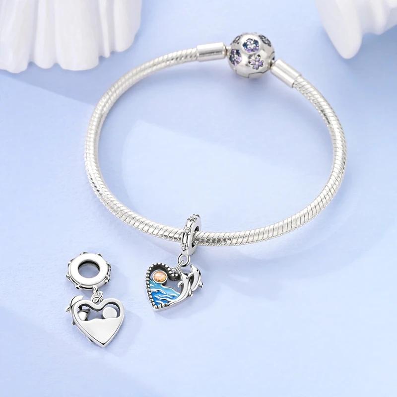 Original Charmscopper Ocean Dolphin Heart-Shaped Beads Fit Charms Platabracelets For Women Jewelry Making Diy Gifts