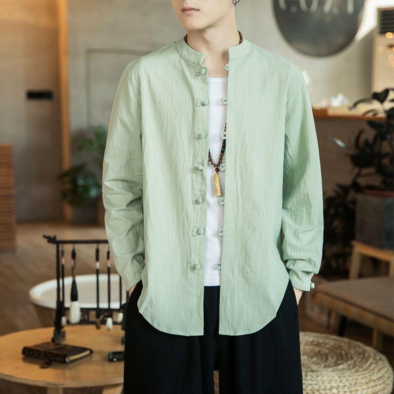 Men’s Chinese Style Long-Sleeve Linen Tang Suit Shirt and Jacket