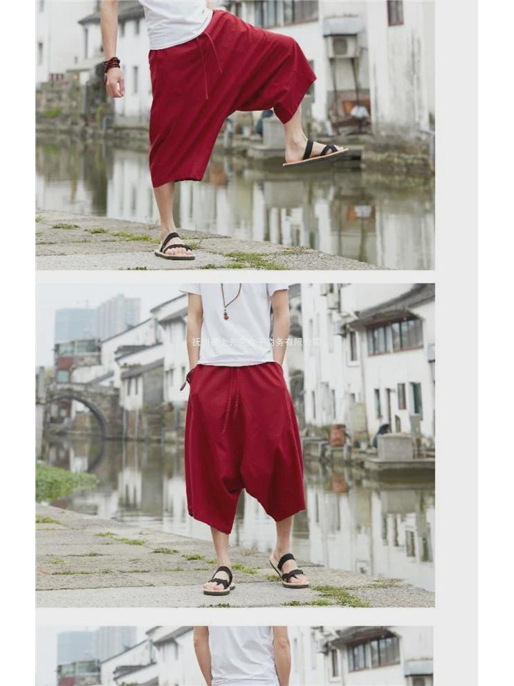 Men's Loose Summer Wide-Leg Ethnic Linen Cropped Pants - Nepalese Style Hip-Hop Design