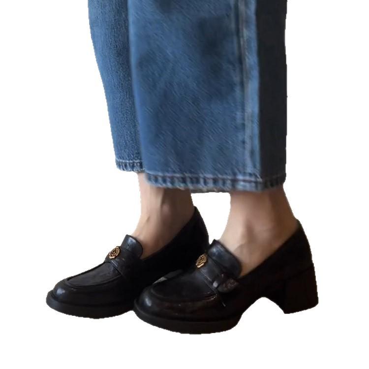 Soft Leather Version~ Retro Thick Heel Loafers Women's Square Head Versatile Medium Heel Small Leather Shoes British Style One-pedal Single Shoes